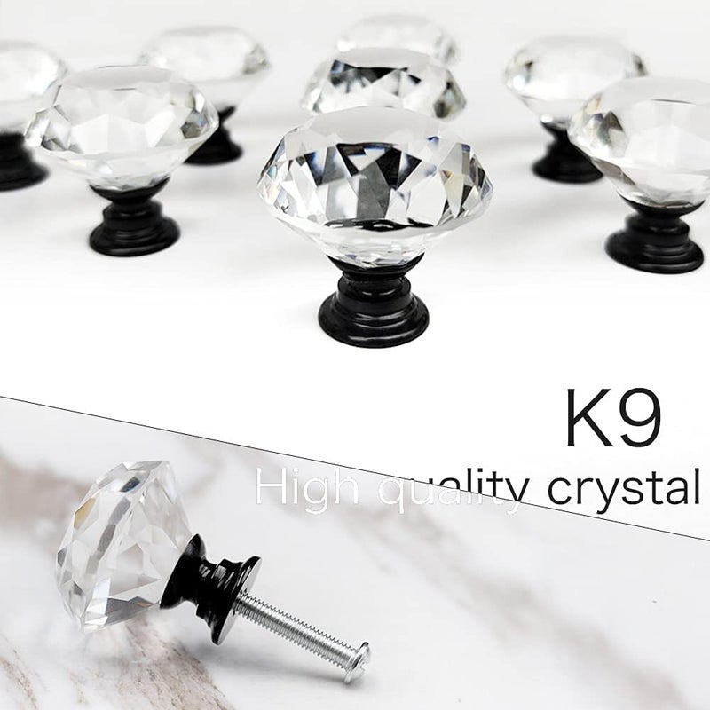 Akstore 6 Pcs Crystal Glass Cabinet Knobs 30mm Diamond Shape Drawer Kitchen Cabinets Dresser Cupboard Wardrobe Pulls Handles (30mm, Clear-Black) - Image 4